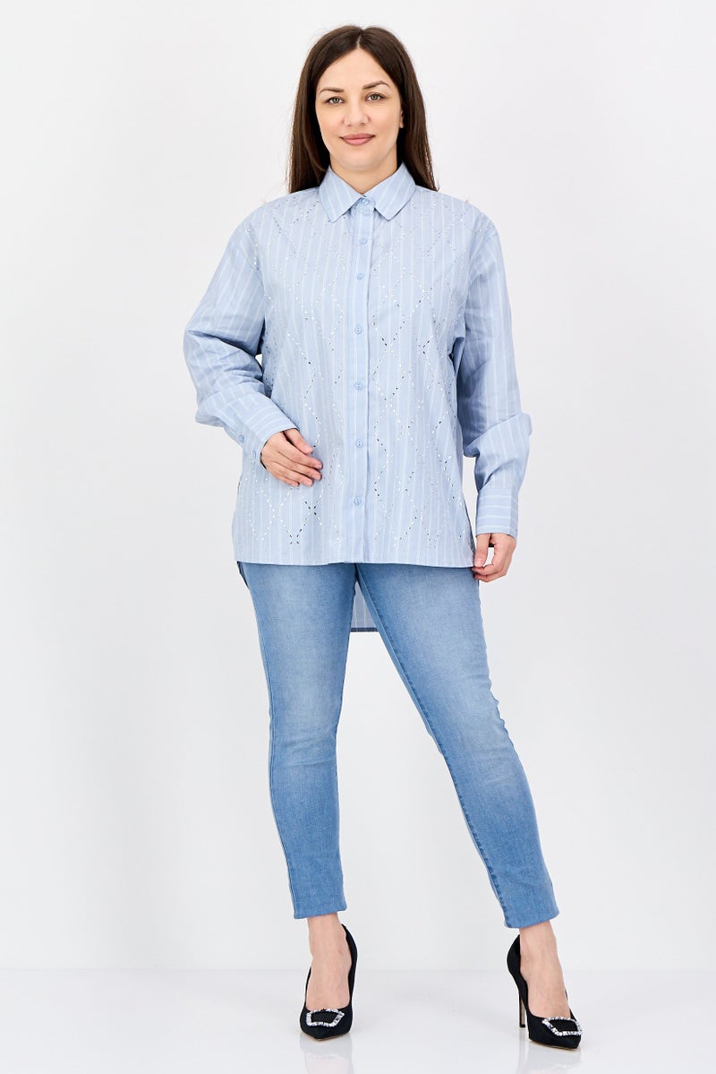 bebe Women Spread Collar Long Sleeve Embellished Shirt, Light Blue - Image 4